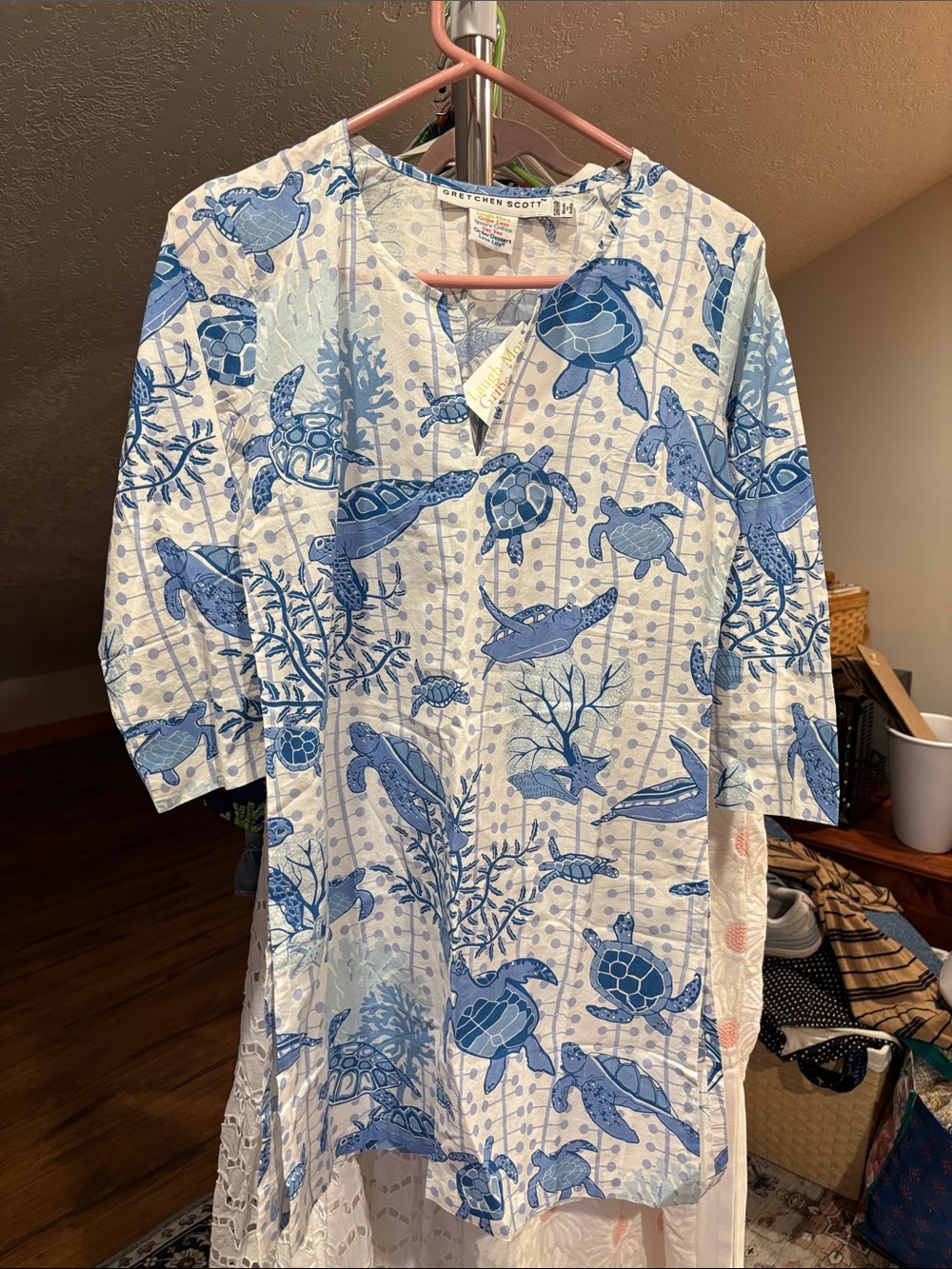 Gretchen Scott Designs White and Blue Sea Turtle Cotton Tunic